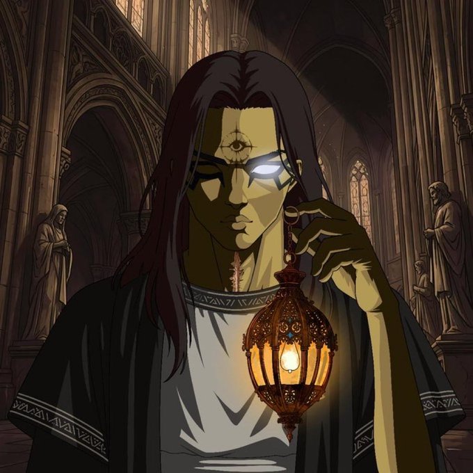 A stylized digital illustration of a dark, mystical figure with long dark hair, glowing white eyes, and a symbol on their forehead, holding an ornate glowing lantern inside a gothic cathedral.