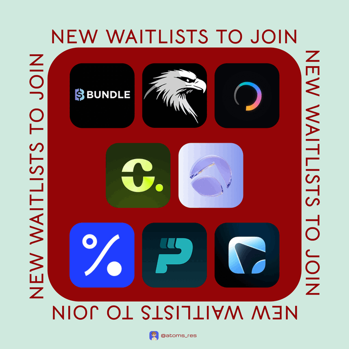 A promotional graphic with "NEW WAITLISTS TO JOIN" repeated along the borders, featuring a 3x3 grid of platform logos including Bundle, an eagle logo, a colorful ring, a green "C" icon, a purple sphere, a blue percent symbol, a teal "P," and a PlayStation-style icon, credited to @atoms_res. The image showcases Artisan.cash alongside other new crypto waitlists, fitting the context of it being one of the featured projects to join.