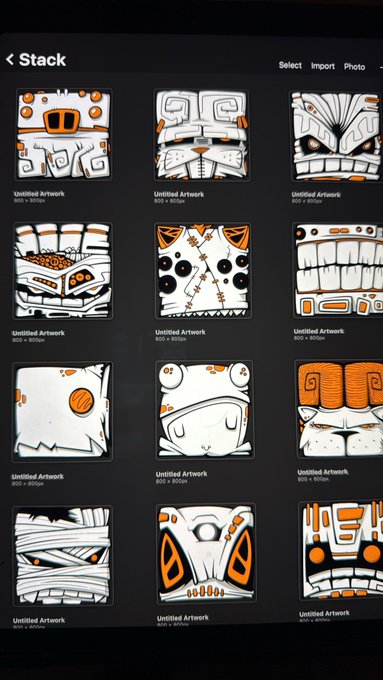 A mobile app screen titled "Stack" displays a grid of 12 stylized, mechanical-looking character faces labeled "Untitled Artwork" with dimensions like "800 x 800px" and "800 x 800px," fitting the "SHAPE of inks" theme with their bold black outlines and orange accents.