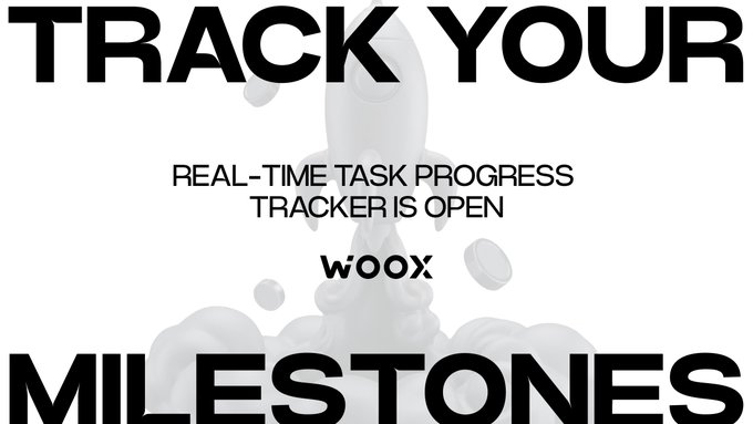 A black-and-white promotional graphic reading 'TRACK YOUR MILESTONES' with 'REAL-TIME TASK PROGRESS TRACKER IS OPEN' and the WooX logo in the center.