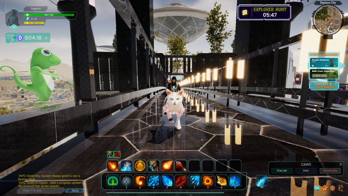 A screenshot of a video game showing a character riding a white animal companion in a modern city environment, with UI elements displaying "EXPLORER HUNT 05:47" and "Dygame."