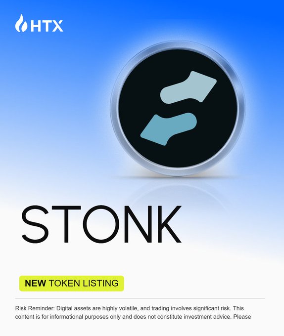 HTX announces the new listing of $STONK token with deposits now open and trading starting soon, as indicated by the "NEW TOKEN LISTING" label and the $STONK token logo featured prominently in the announcement image.