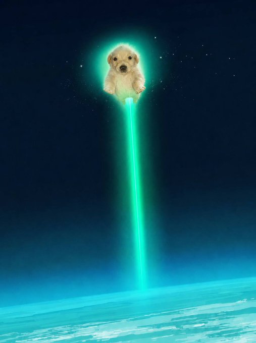 A cute golden puppy is depicted being beamed up or down by a bright cyan-green tractor beam over a planet's surface against a starry night sky.