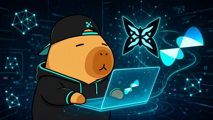 A cartoon capybara wearing a black cap and hoodie is depicted typing on a glowing cyan laptop, with a butterfly logo and interconnected geometric networks floating in the dark, tech-inspired background. The image visually represents the quipnetwork's quantum-resistant technology, with the quantum-seeding and cryptographic symbolism tying directly to the post's mention of quantum-seeded QFTs and quantum-resistant wallet testing.