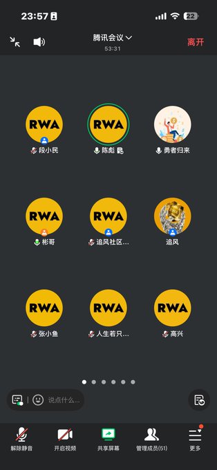 A screenshot of a Chinese mobile app interface (腾讯会议/Tencent Meeting) showing a meeting with 51 participants, all represented by yellow circular avatars with the text 'RWA' and Chinese usernames.