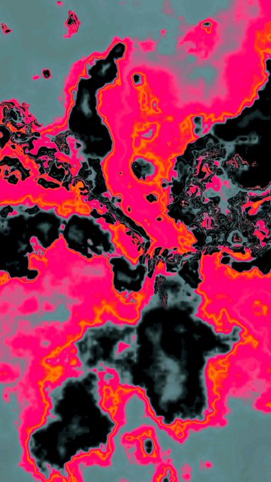 An abstract, high-contrast image with hot pink, orange, teal, gray, and black marbled shapes fills the frame.