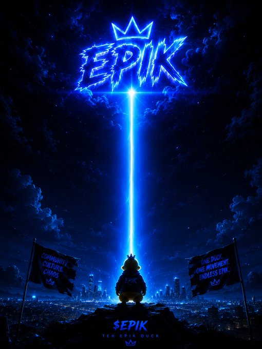 A neon blue poster features the word 'EPIK' with a crown logo above a duck character, illuminated by a beam of light, with banners reading 'COMMUNITY CULTURE CHAOS' and 'ONE DUCK. ONE MOVEMENT. ENDLESS EPIK.'