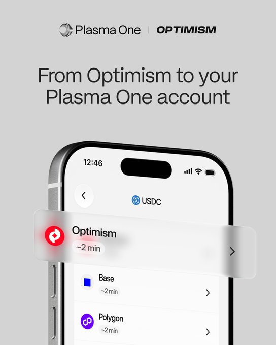 The image shows a cell phone screen displaying an app called "Optimism". The app has a red button that says "Optimism" at the bottom of the screen. The app also provides information about Plasma One, which is a company that creates plasma arc technology for various applications. The text on the screen reads: "From Optimism to your Plasma One account."