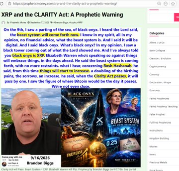 The image is a webpage from prophetseconomy.com titled "XRP and the CLARITY Act: A Prophetic Warning" by Brandon Biggs, dated 9/16/2026, discussing the potential passage of the Clarity Act for digital assets and its impact on XRP, the Beast System, and prophetic events. The accompanying post highlights that Elizabeth Warren will allegedly "flip" on the Clarity Act, suggesting XRP's rise coincides with the Beast System's emergence, aligning with the article's theme of XRP's prophetic significance.