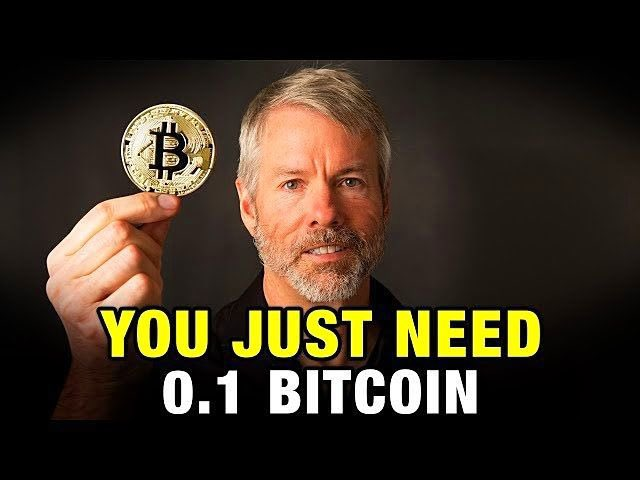 A bearded man holds up a gold Bitcoin coin next to the bold text "YOU JUST NEED 0.1 BITCOIN," visually reinforcing the post's message about the small amount of Bitcoin needed.