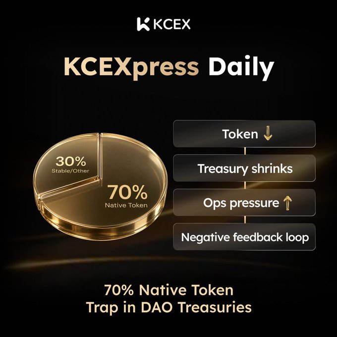 The image is a "KCEXpress Daily" infographic titled "70% Native Token Trap in DAO Treasuries," featuring a gold pie chart showing 70% Native Token and 30% Stable/Other, alongside a flowchart illustrating a negative feedback loop: Token declines, Treasury shrinks, Ops pressure rises, leading to further token selling. It visually summarizes the post's point about how concentrated native token treasuries amplify downside risk in DAOs.