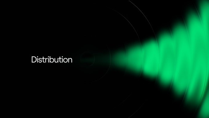 The image shows the word "Distribution" in white text on a black background, with a green light wave emanating from it on the right side. It relates to the post by visually emphasizing the concept of distribution as essential for projects to reach their audience, mirroring the message that even great projects fail without proper visibility and reach.