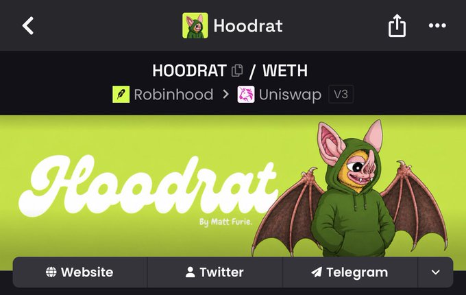 A mobile screenshot of the Hoodrat token page showing HOODRAT/WETH available via Robinhood and Uniswap V3, featuring an illustration by Matt Furie of a character in a green hoodie with bat wings.