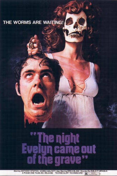 A vintage horror movie poster titled 'The Night Evelyn Came Out of the Grave', showing a screaming man whose head is held by a skeletal-faced woman, with text 'THE WORMS ARE WAITING!' and starring Anthony Steffen and Marina Malfatti.