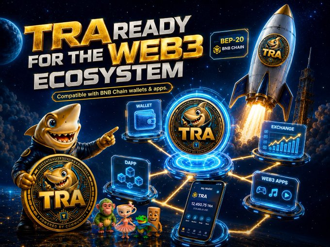 Promotional graphic for TRA token on BEP-20 BNB Chain, featuring a shark mascot and showing compatibility with wallets, DApps, exchanges, and Web3 apps.