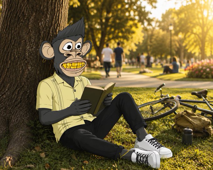 A cartoon-style illustration shows a chimpanzee with a spiky hairstyle and golden teeth wearing a yellow shirt, sitting against a tree in a sunlit park reading a book, with a bicycle and backpack nearby.