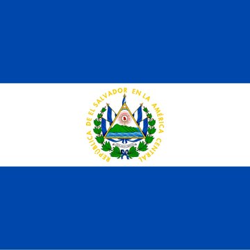 The flag of El Salvador featuring horizontal blue and white stripes with the national coat of arms in the center, encircled by the text 'REPÚBLICA DE EL SALVADOR EN LA AMÉRICA CENTRAL.'
