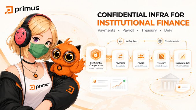 A promotional banner for "primus" advertises "CONFIDENTIAL INFRA FOR INSTITUTIONAL FINANCE" and features an anime-style character in a mask and headphones holding an orange owl, next to icons for Verified Data and Private Computation.