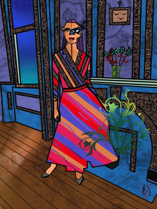 A stylized digital illustration depicts a confident woman with long purple hair, sunglasses, and a vibrant striped robe standing in a richly decorated blue interior with decorative plants and patterned walls. The artwork's bold, empowering aesthetic of strength and hope aligns with the post's message, presented as a 1-of-1 NFT edition on @objktcom for 200 XTZ.