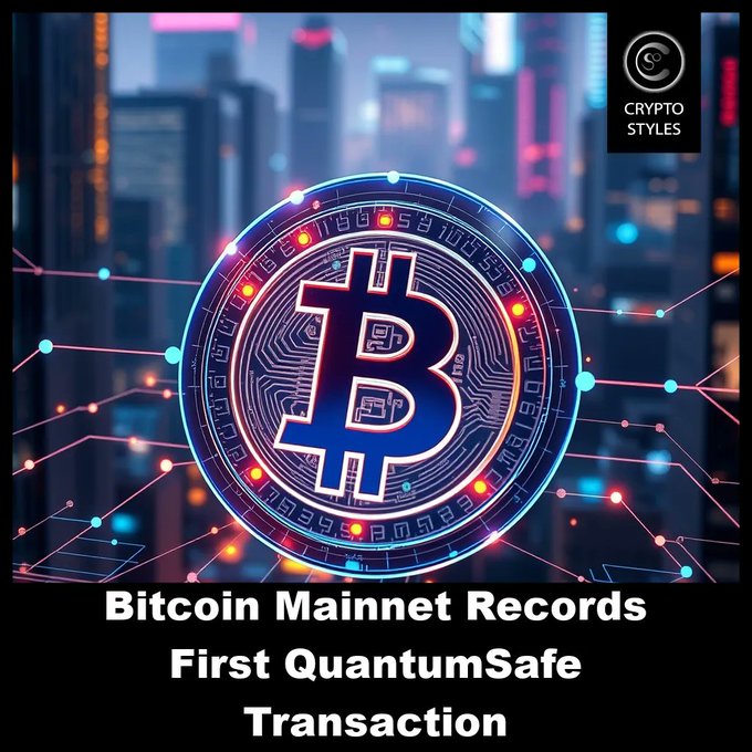 A cryptocurrency graphic featuring the Bitcoin symbol in a glowing circular emblem against a cyberpunk cityscape background, with text reading "Bitcoin Mainnet Records First QuantumSafe Transaction" and "CRYPTO STYLES" logo.
