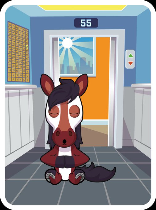 A cartoon app interface shows a meditating brown and white horse character sitting in front of an elevator with the number '55' displayed above the doors.