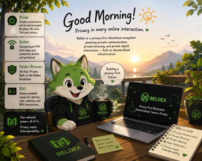 A 'Good Morning!' promotional graphic for Beldex highlights privacy-first blockchain features like BChat, BelNet, and Beldex Browser, with a cheerful fox mascot at a laptop on a balcony.