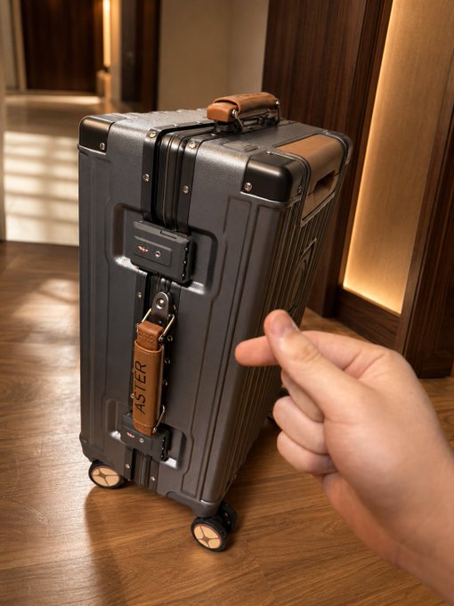 A dark gray hardshell suitcase with brown leather accents stands on a wooden floor, featuring a leather tag embossed with "ASTER." A hand gestures toward the luggage, visually reinforcing the post's warning about tracking Aster's off-Binance contracts, since "suitcase" sounds like "Aster."