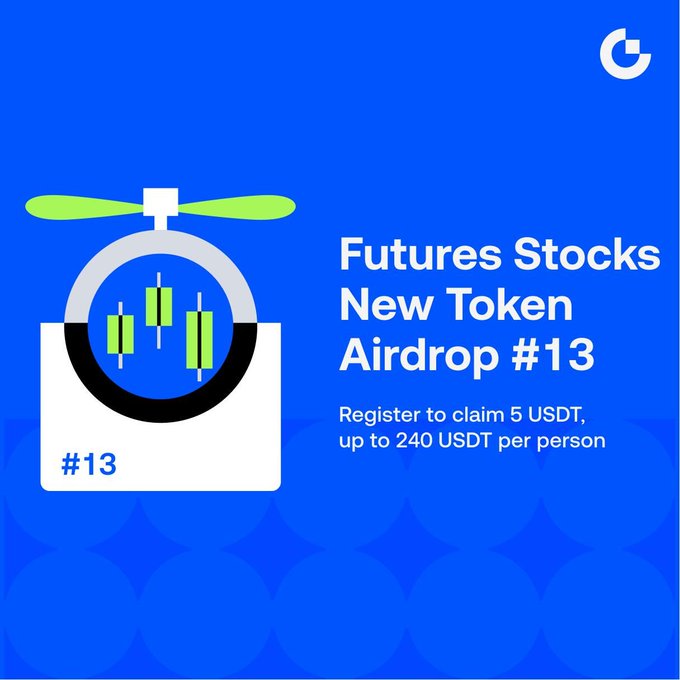 A blue promotional graphic for a cryptocurrency event announces 'Futures Stocks New Token Airdrop #13,' offering 5 USDT registration bonuses up to 240 USDT per person, featuring a logo combining a padlock and candlestick chart.