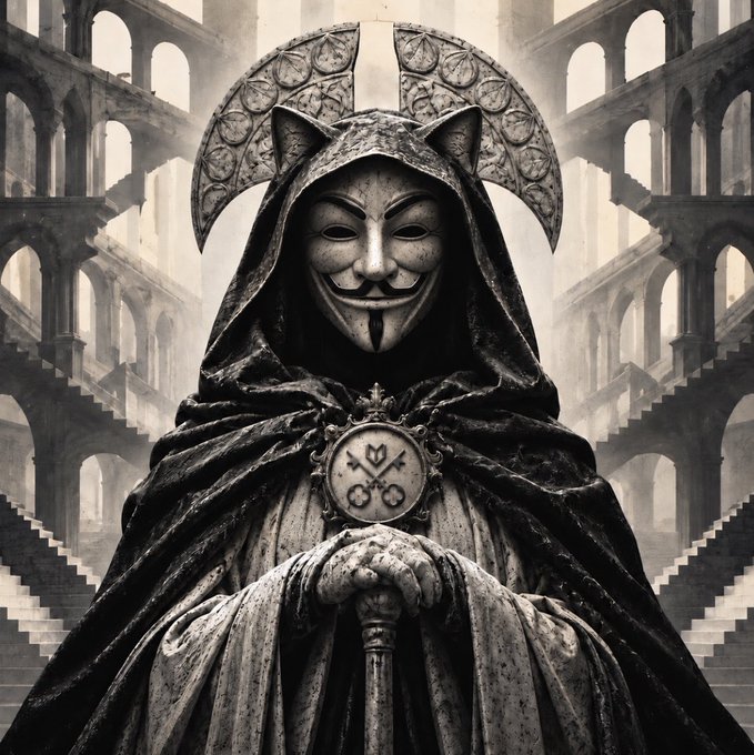 A black and white illustration depicts a hooded figure wearing a Guy Fawkes mask and holding a sword, set against a surreal background of endless stone staircases and arches.