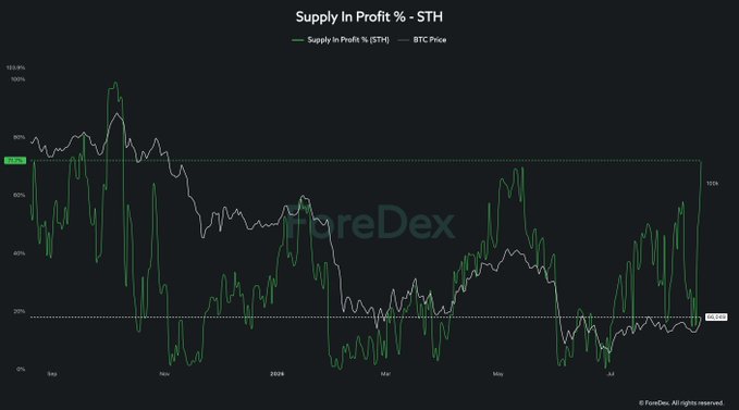 A financial chart titled 'Supply In Profit % - STH' displaying BTC price in purple and Supply In Profit % (STH) in green over time from September 2024 through July, with a Foredex watermark.