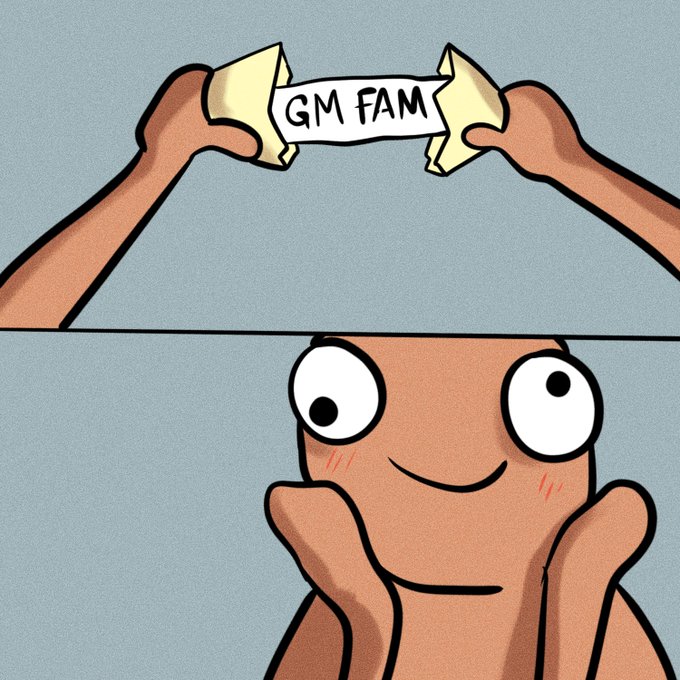Two hands tear open a fortune cookie revealing the message "GM FAM," below which a wide-eyed character gazes up with an awestruck smile, mirroring the post's theme of meme culture devotion and the rallying cry "$Zghire."