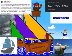 A graphic of a sailing ship called 'PETERNY' features a cartoon figure, a real photo of a ship, and a post dated 'Mon, 12 Oct 2026' with the 'evernorth' logo.