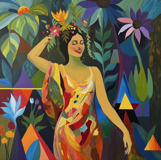 A colorful, stylized painting of a smiling woman with a floral crown wearing a vibrant patchwork dress, surrounded by large flowers, leaves, and geometric shapes.