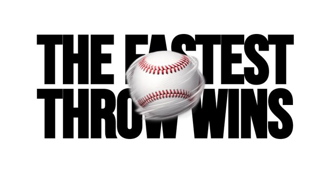 The image features a baseball with red stitching, which appears to be thrown at an angle towards the bottom right corner of the frame. The text "The fastest throw wins" is written above this image, emphasizing the importance of speed in sports like baseball.