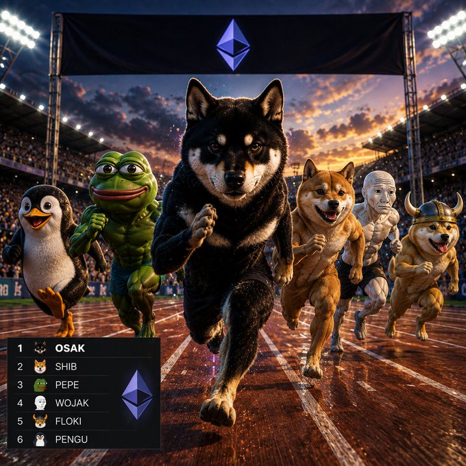 A digital artwork depicting a race on a track between anthropomorphic crypto mascots, including OSAK (black dog), SHIB (shiba inu), PEPE (frog), WOJAK (bald man), FLOKI (shiba with viking helmet), and PENGU (penguin), with an Ethereum banner overhead.