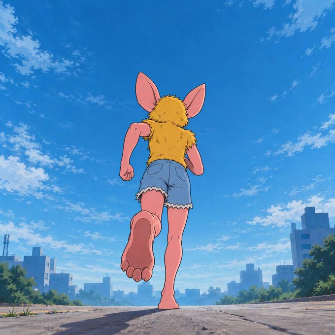 An anime-style figure featuring a character possessing rabbit-like ears and blonde hair, wearing denim shorts, running barefoot away from the camera along a path with a city skyline in the background. The post "godspeed hoodrat" suggests a playful, irreverent tone about the character running away into the distance.