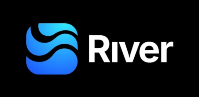 The logo for 'River,' featuring a blue stylized water/wave icon on a black background.