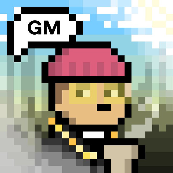 A pixel art character with a red beanie displays a speech bubble saying 'GM' (Good Morning) against a blurred landscape background.