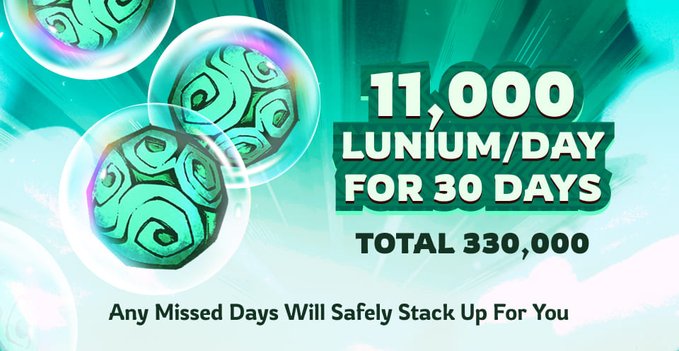 A vibrant promotional graphic for "Lunium Blessing" features decorative teal orbs and bold text offering 11,000 Lunium per day for 30 days, totaling 330,000, with a note that missed days will safely stack up. The image visually reinforces the post's offer of a daily Lunium refill subscription for $9.99.