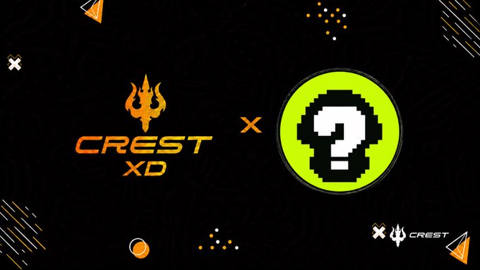 Promotional graphic for 'CREST XD' featuring its orange trident logo against a dark background with a green question mark icon indicating an upcoming or mystery event.