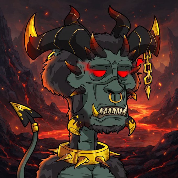 A cartoon-style illustration depicts a menacing green-skinned demon with red eyes, black horns, a nose ring, and gold spikes set against a fiery, volcanic background.