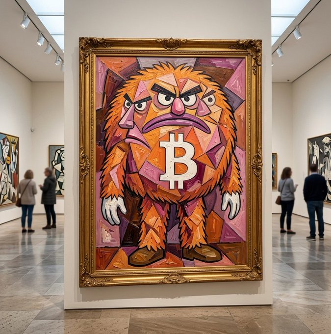 An art gallery displays a framed cubist-style painting of an orange furry creature with a Bitcoin symbol on its chest, flanked by abstract artworks on the side walls.