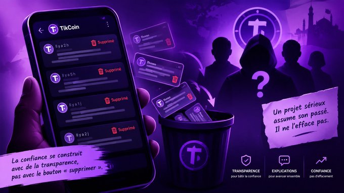 A purple-themed graphic critiquing a cryptocurrency project called 'TikCoin', showing a phone with 'Supprime' (delete) buttons next to account entries, with French text questioning the project's legitimacy and transparency.