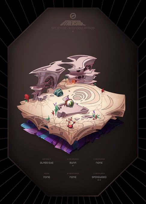A 3D isometric illustration of a game level titled 'SPLINTER - RAINBOW ATMOS' from a game called 'MINOS', featuring a desert-like environment with mushroom structures and various resource indicators.