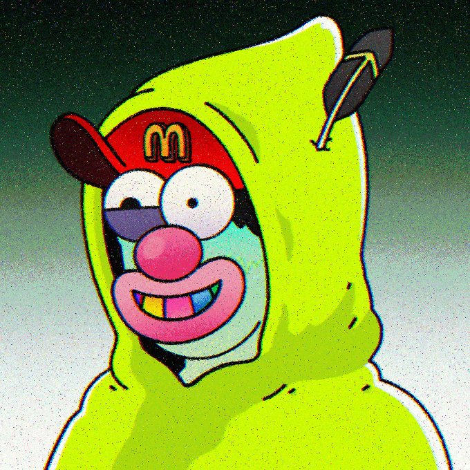 A character wearing a bright green hoodie with an arrow through the hood and a red cap featuring the "M" McDonald's logo, smiling widely with colorful teeth. The image ties to the post's theme of "hoods of feather flock together" by portraying a quirky avatar-style figure proudly displaying its feathered hood emblem, echoing the NFT collection's branding and "where's yours?" call-to-action.