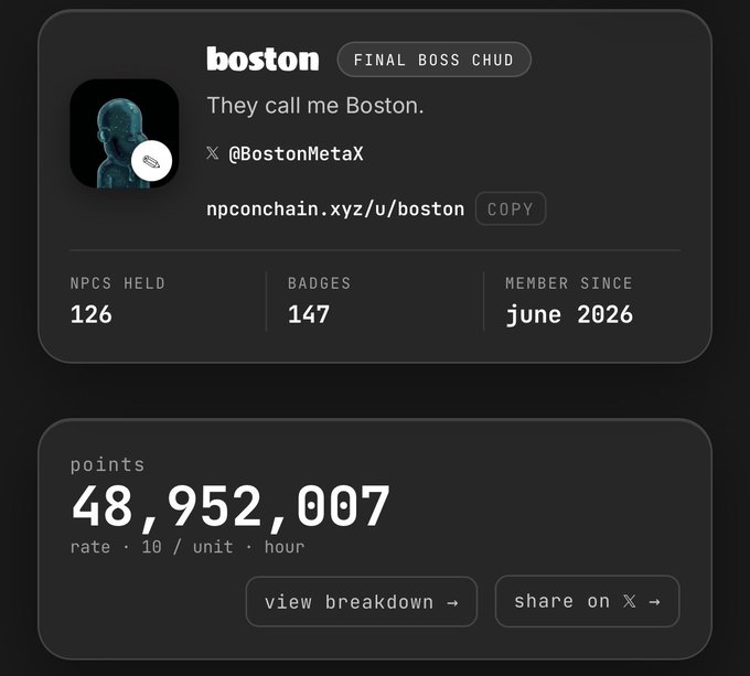 A user profile card for 'boston' (FINAL BOSS CHUD) with the handle @BostonMetax, linking to npconchain.xyz/u/boston, showing 126 NPCs held, 147 badges, member since June 2026, and 48,952,007 points at a rate of 10/unit/hour.