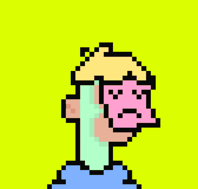 Pixel art style profile image of a character with blonde hair, pink face, and green shirt on a bright yellow-green background.