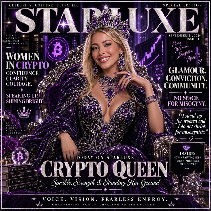 A 'STARLUXE' magazine cover from September 24, 2026 featuring 'Crypto Queen: Sparkle, Strength & Standing Her Ground' with a blonde woman in purple attire, Bitcoin symbols, and text like 'Women in Crypto' and 'Glamour, Conviction, Community'.