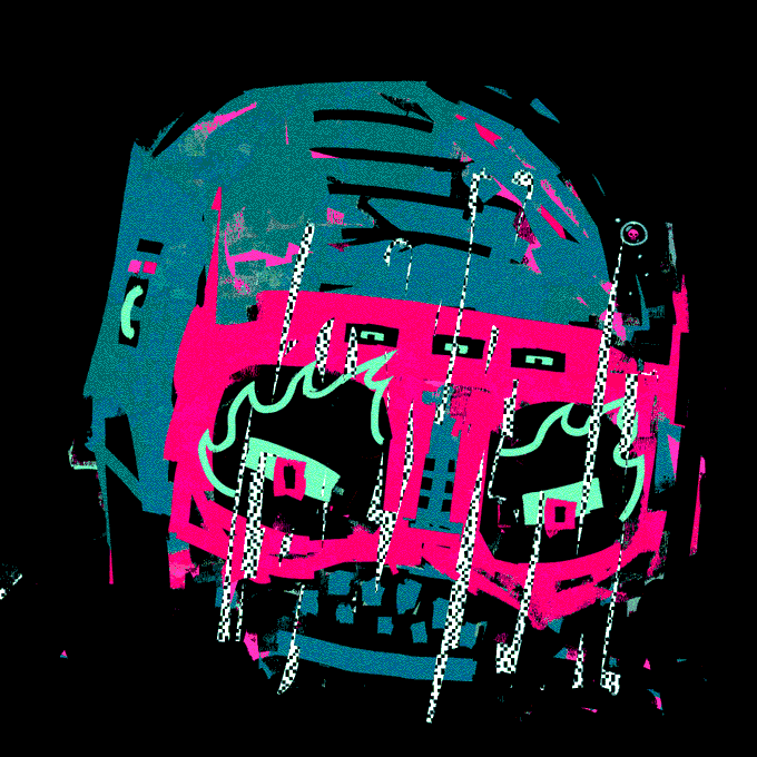 Abstract digital art featuring a stylized face in teal and pink with dripping paint effects against a black background.
