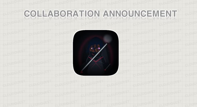 A "COLLABORATION ANNOUNCEMENT" graphic featuring the Cloud Quest logo alongside the hooded, red-eyed Shadow Ronin ARC character icon, visually representing the newly announced 3,500-supply NFT collaboration between the two projects on Arc Mainnet.